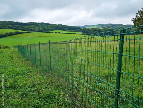 Green mesh fence in lush countryside landscape on cloudy day