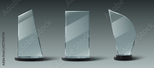 Glass trophy collection with transparent awards, black base stands, minimalist geometric shapes. Realistic 3d crystal acrylic prizes for corporate achievements, competitions, ceremonies designs.