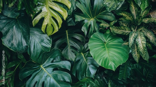 Lush tropical foliage showcases a variety of large green leaves