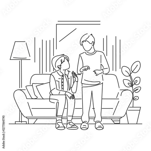 People sitting in living room. Happy elderly people talking, sitting. Living room interior. Flat cartoon vector illustration with fictional character. Spending time together. Conversation and friend.