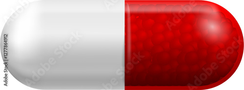 Medical capsule filled with vibrant red and white granules resting on a smooth white background, symbolizing advancements in pharmaceutical healthcare and effective treatment options
