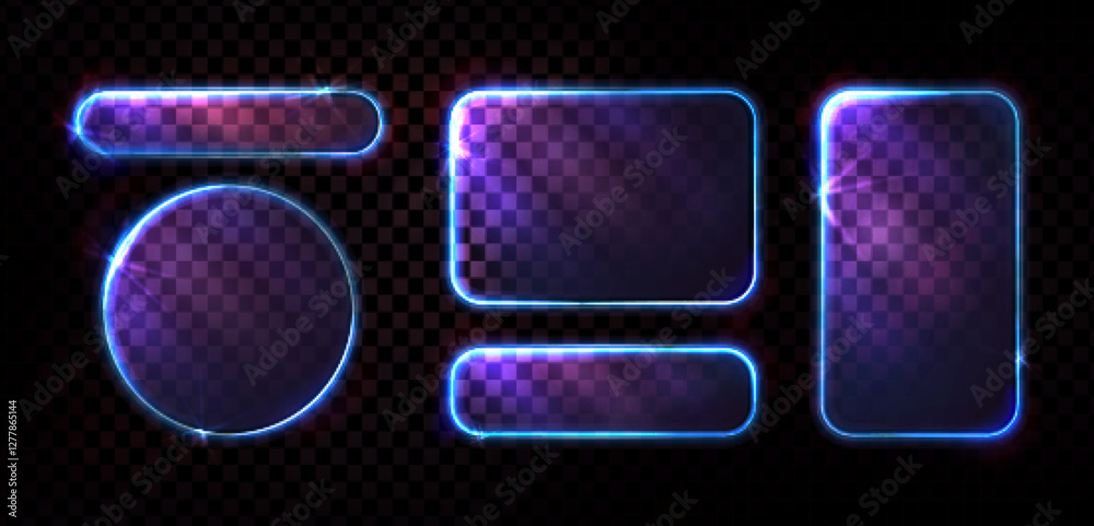 Neon glass frames set with glowing blue edges, purple light effects on transparent background. Geometric shapes collection - circle, rectangle, rounded squares displaying illuminated borders.