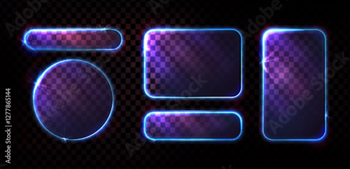 Neon glass frames set with glowing blue edges, purple light effects on transparent background. Geometric shapes collection - circle, rectangle, rounded squares displaying illuminated borders.