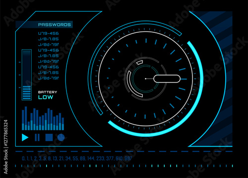 Futuristic heads up display with a circular interface, displaying passwords, low battery warning and processing data, creating a technological and futuristic atmosphere
