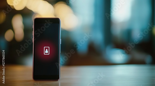 Close-up of a smartphone displaying low battery icon on screen, placed on wooden table. Concept of energy depletion, technology dependency, and need for recharging in daily life.