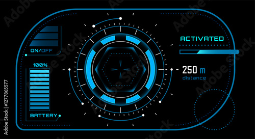Futuristic blue circular hud on a black background showing battery status, distance and activation status, perfect for video games or futuristic interfaces