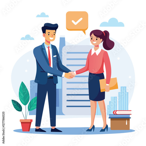 People shaking hands at work - Two businesspeople, man and woman doing handshake in office at work while smiling over business agreement and deal. Flat design stock illustration on white background