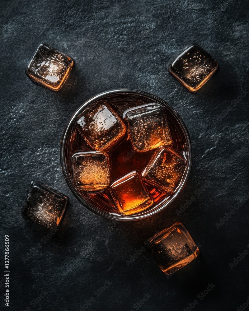 Refreshing dark beverage with ice cubes on a textured black background in a top down view casting a cool and inviting mood
