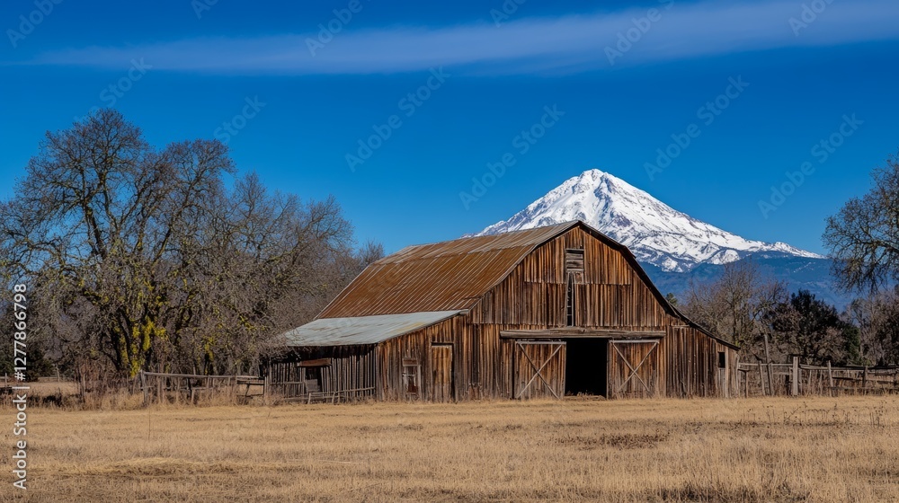 Old Barn in Yreka, California with Majestic Mount Shasta in the Background on a Clear Day, Rustic Farm Landscape with Snow-Capped Mountains Old Barn in Yreka, California with Majestic Mount Shasta in the Background on a Clear Day, Rustic Farm Landscape with Snow-Capped Mountains
