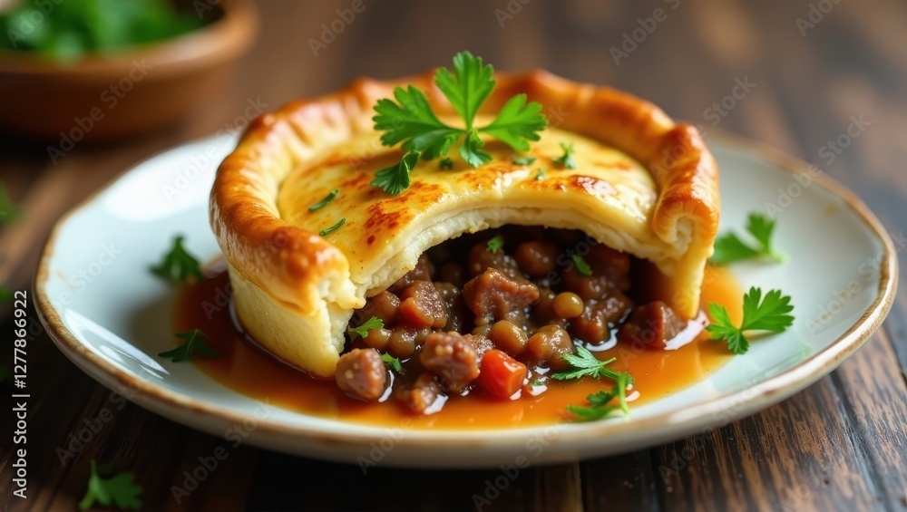 A savory hand pie filled with hearty lentil and meat stew, served on a plate with fresh herbs A savory hand pie filled with hearty lentil and meat stew, served on a plate with fresh herbs