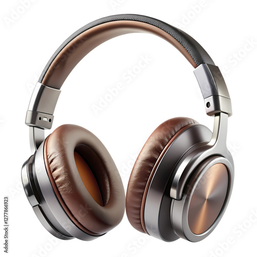 Stylish brown leather headphones with metal accents modern design 3d gray on transparent background