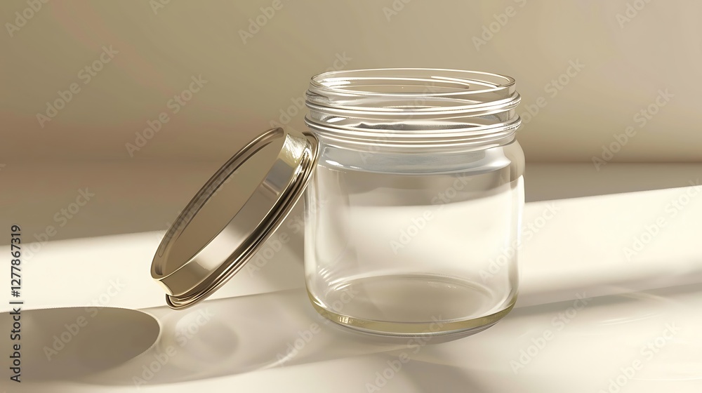 An empty jar with a metallic lid set on a solid cream surface, contrasting textures An empty jar with a metallic lid set on a solid cream surface, contrasting textures