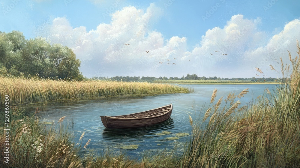 A peaceful boat rests on a calm lake surrounded by reeds A peaceful boat rests on a calm lake surrounded by reeds