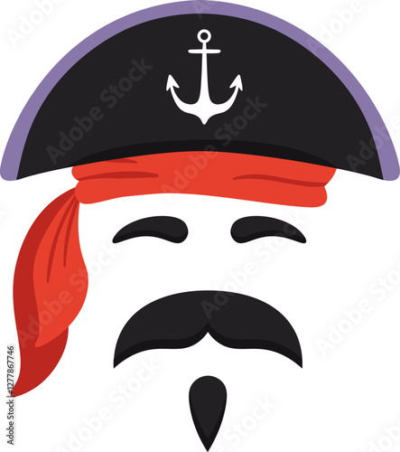 Cartoon pirate captain sporting closed eyes, wearing a black hat adorned with an anchor and a vibrant red bandana, featuring a distinctive black mustache and goatee