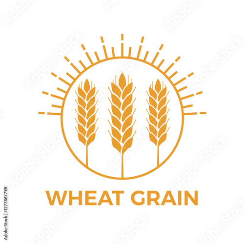 Stylized illustration of three ears of wheat growing under a shining sun, forming a circular emblem representing agriculture, farming, and the food industry