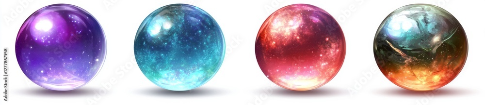 Four glowing orbs, digital art, white background, game asset Four glowing orbs, digital art, white background, game asset