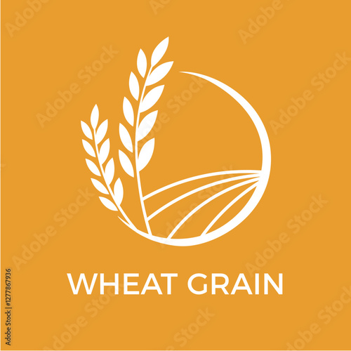 White wheat grains growing in a cultivated field, enclosed within a white circle on an orange background, represent the essence of agriculture and food production