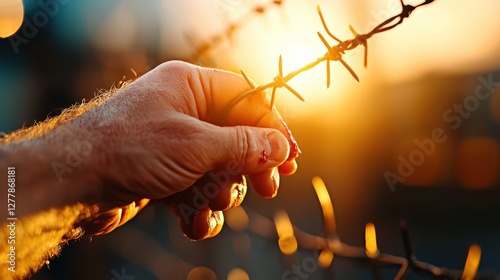 A hand gently holds a barbed wire against a warm sunset backdrop, symbolizing struggle and resilience.