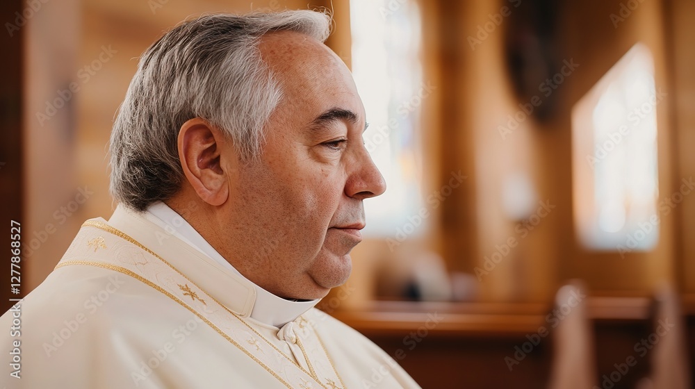 Serene elderly man in papal attire sitting in a quiet chapel, symbolizing spiritual and physical well-being, representing peace and contemplation. Serene elderly man in papal attire sitting in a quiet chapel, symbolizing spiritual and physical well-being, representing peace and contemplation.