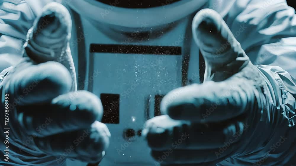 Astronaut hand movements in zero gravity with floating particles