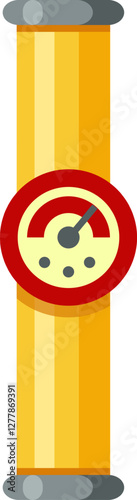 Yellow gas pipeline featuring gray metal flanges and a red manometer measuring pressure, presented as a flat vector illustration on a clean white background