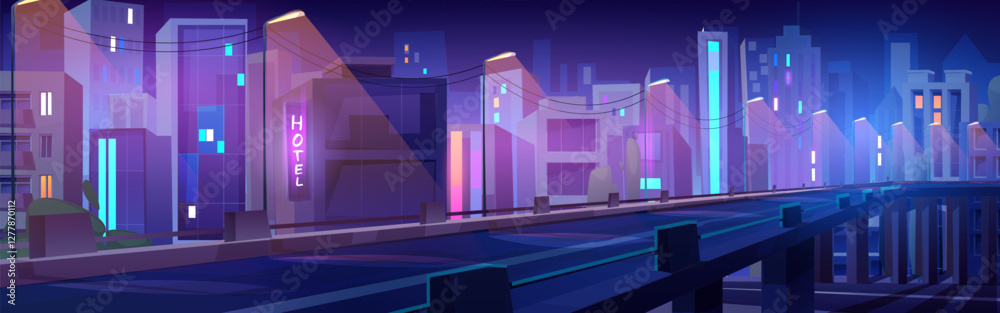 Fototapeta premium Cartoon night cityscape of highway bridge in neon colors. Empty roadway surrounded by modern buildings with glowing windows, luminous signs, street lamps and power lines. Purple blue urban landscape.
