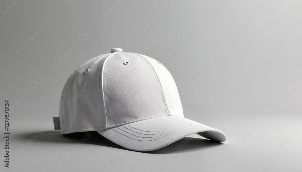 Front-facing view of a white baseball cap mockup on a smooth, neutral gray background. This professional template is perfect for showcasing logos, taglines Front-facing view of a white baseball cap mockup on a smooth, neutral gray background. This professional template is perfect for showcasing logos, taglines