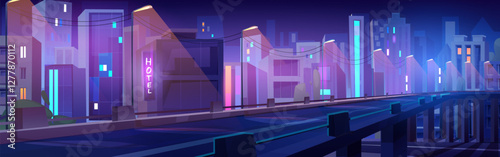 Cartoon night cityscape of highway bridge in neon colors. Empty roadway surrounded by modern buildings with glowing windows, luminous signs, street lamps and power lines. Purple blue urban landscape.
