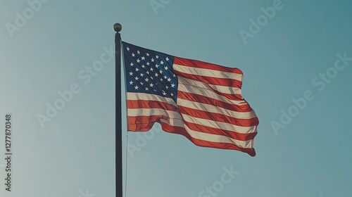 The American flag waving proudly, vibrant red, white, and blue against a clear blue sky. Symbolizing freedom, hope, and unity. Perfect for patriotic projects.
