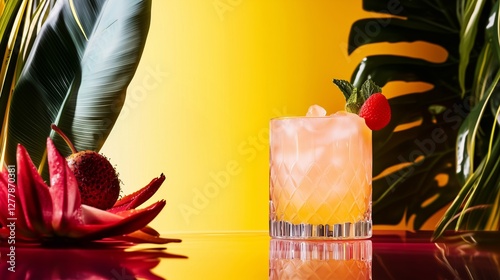 Tropical cocktail with ice, strawberry, and mint garnish, set against lush green leaves and exotic fruits. Vibrant summer drink with a golden gradient background. Generative AI. photo