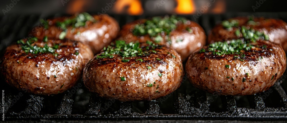 Sizzling burgers grilling with fresh herbs on a barbecue Sizzling burgers grilling with fresh herbs on a barbecue
