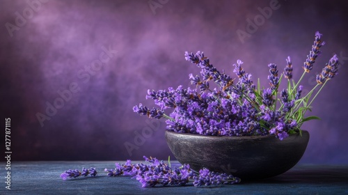 lavender flowers in a dark bowl on purple background
