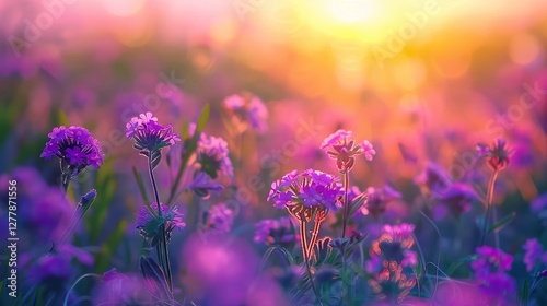 Enchanting close-up of radiant purple blooms in a lush field bathed in a warm sunset glow