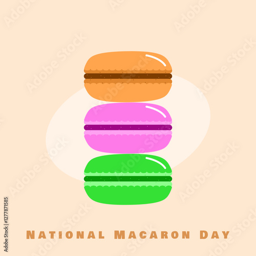 National Macaron Day to celebrate on March 20th. Three macaron biscuits in different colors on beige background. Food event banner.