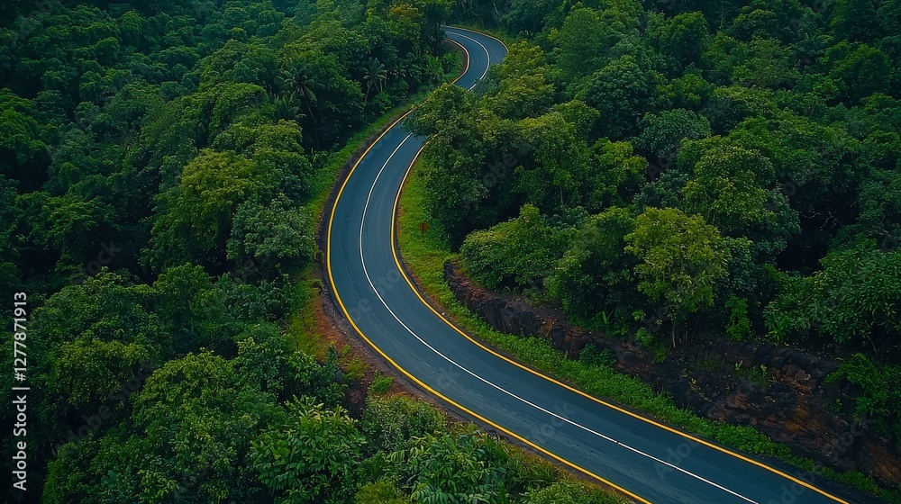 Serene curved road in lush green forested landscape Serene curved road in lush green forested landscape