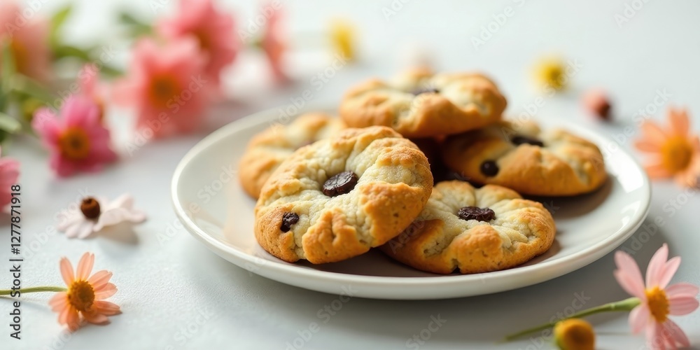 A plate of delicate, flower-shaped cookies with chocolate chips, presented alongside a charming arrangement of pink and orange blossoms. A plate of delicate, flower-shaped cookies with chocolate chips, presented alongside a charming arrangement of pink and orange blossoms.