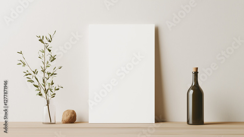 Blank white canvas with olive branch and bottle on wooden table.