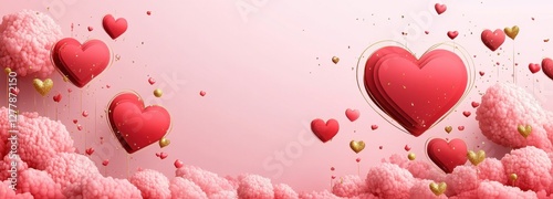 Pink heart background with love symbols and golden accents for Valentine's Day