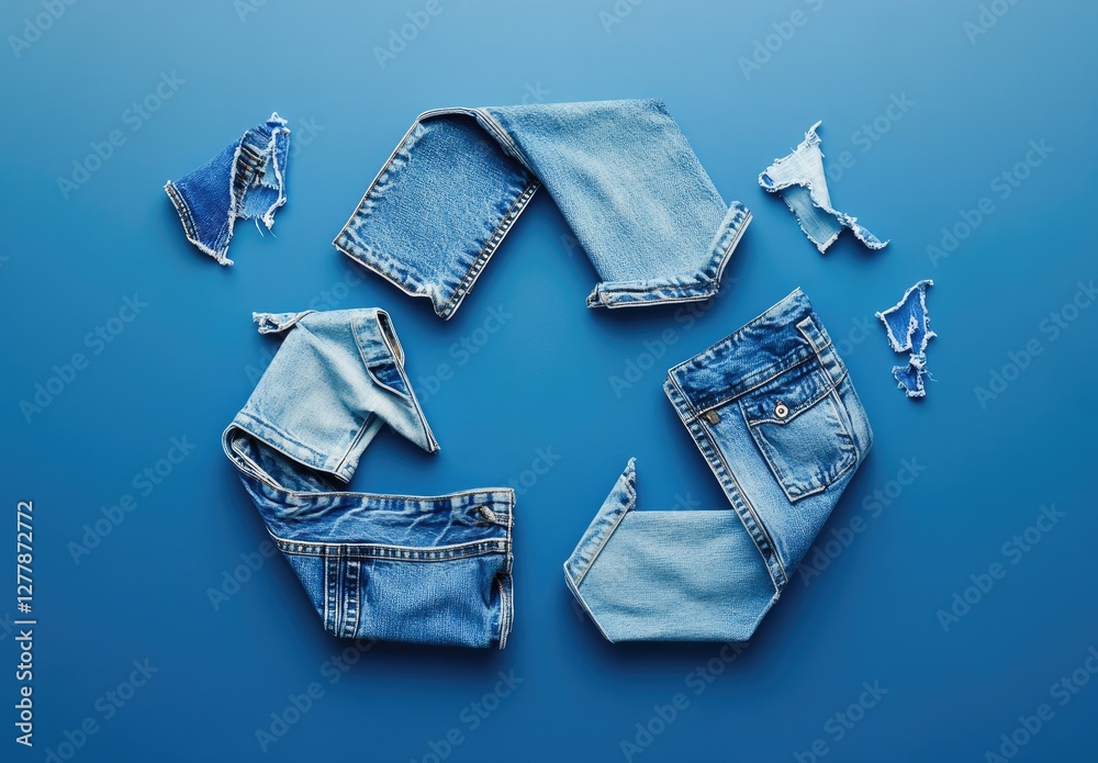 Denim recycle symbol studio shot, blue background, sustainable fashion