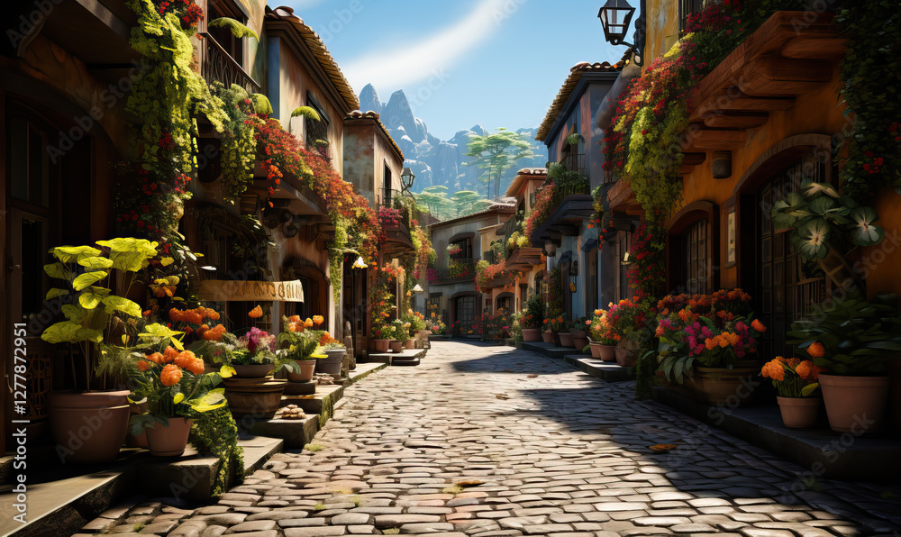 Fototapeta premium A picturesque street adorned with colorful flower pots