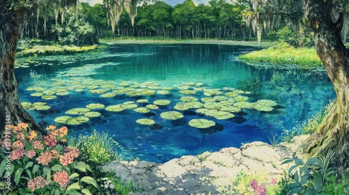 Tranquil clear lake covered with lily pads surrounded by trees