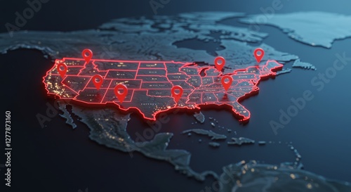 United States Map with Red Pins Showing Locations on Dark Background
