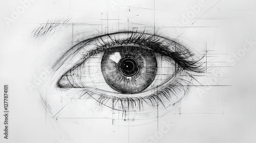 A black and white highly detailed sketch of a human eye with an intricate digital blueprint aesthetic

