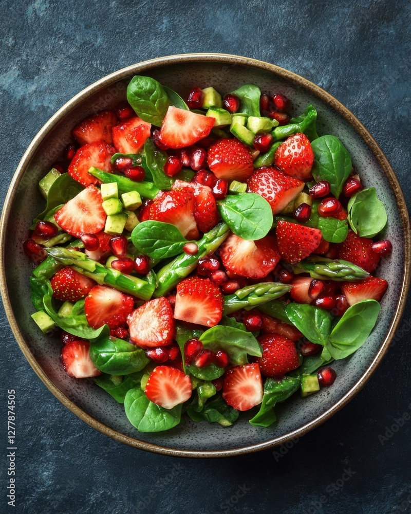 Vibrant strawberry spinach salad with avocado asparagus and pomegranate seeds in rustic bowl
