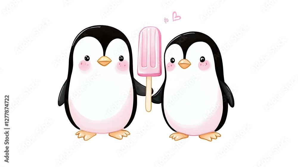 Fototapeta premium Adorable Penguins Sharing a Pink Popsicle A Cute Summer Illustration.