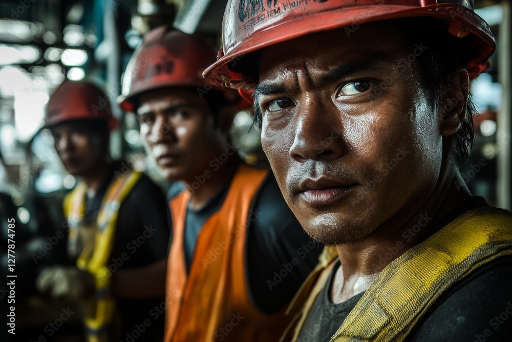 group of workers in safety uniform, stand at industrial plant setting group of workers in safety uniform, stand at industrial plant setting