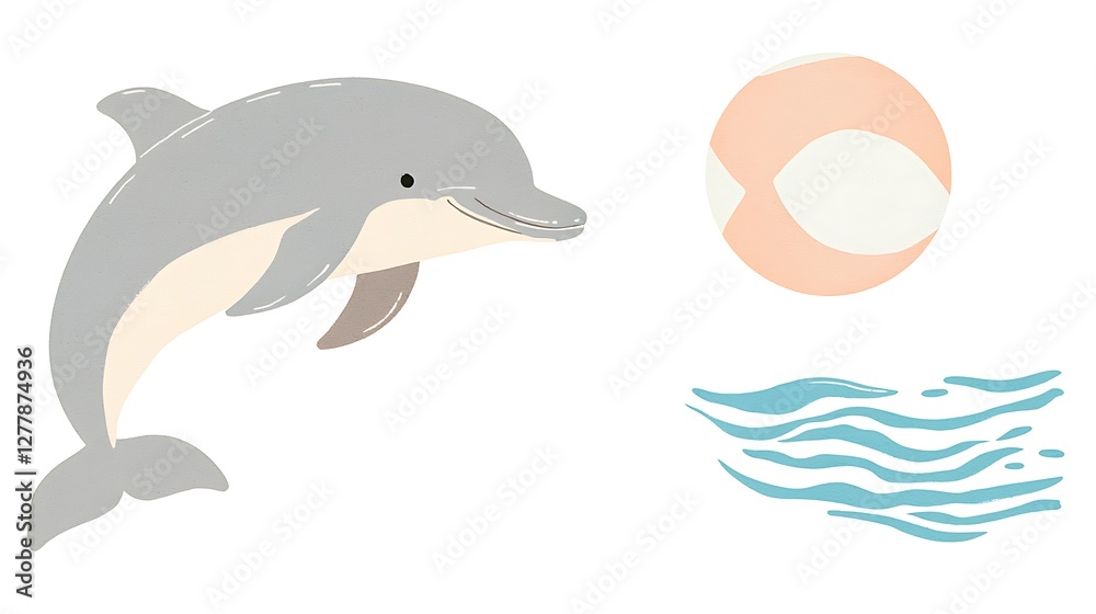 Playful Dolphin with Beach Ball and Ocean Waves Cute Cartoon Illustration. Playful Dolphin with Beach Ball and Ocean Waves Cute Cartoon Illustration.