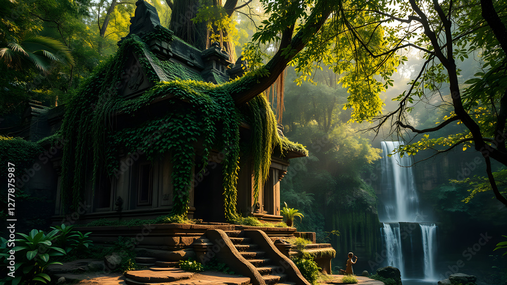 Fototapeta premium An ancient jungle temple, partially covered by lush green vines, with waterfalls cascading nearby. The warm sunlight filters through the dense trees