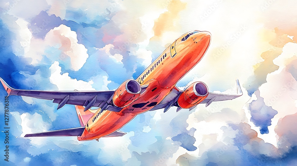 Watercolor Painting of Airplane in Flight Against a Cloudy Sky Watercolor Painting of Airplane in Flight Against a Cloudy Sky