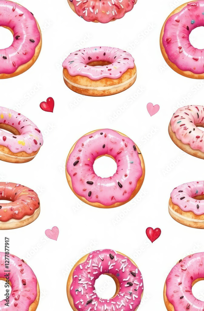 Sweet donuts, watercolor seamless pattern. Dessert, pastries, donuts with icing, seamless pattern on white background. Sweet donuts, watercolor seamless pattern. Dessert, pastries, donuts with icing, seamless pattern on white background.